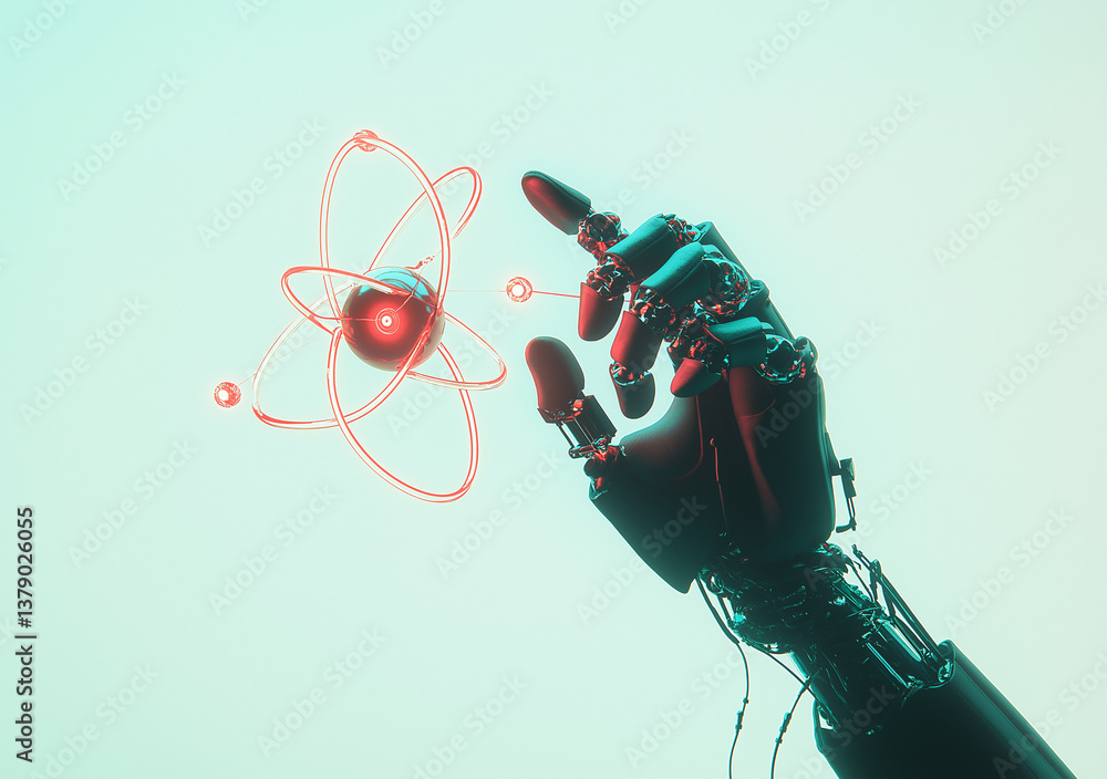 Poster robotic hand holding glowing atom futuristic technology concept neon lines connecting to screen whit