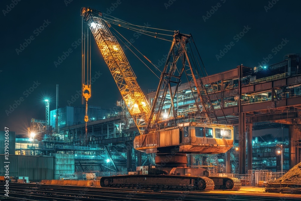 Poster a photo capturing a large crane in action in a bustling industrial area an automated smart crane at 