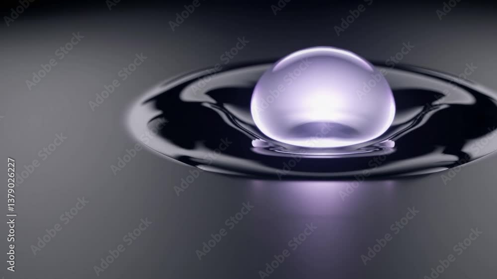 Aufkleber luminous spherical object gently descending onto dark liquid surface, generating expanding concentri