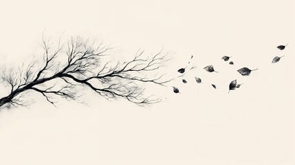 Fototapeta premium Fallen leaves on a branch, melancholic, symbolizing the end of autumn, against a light background with copy space