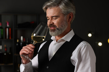 Professional sommelier tasting white wine in glass indoors