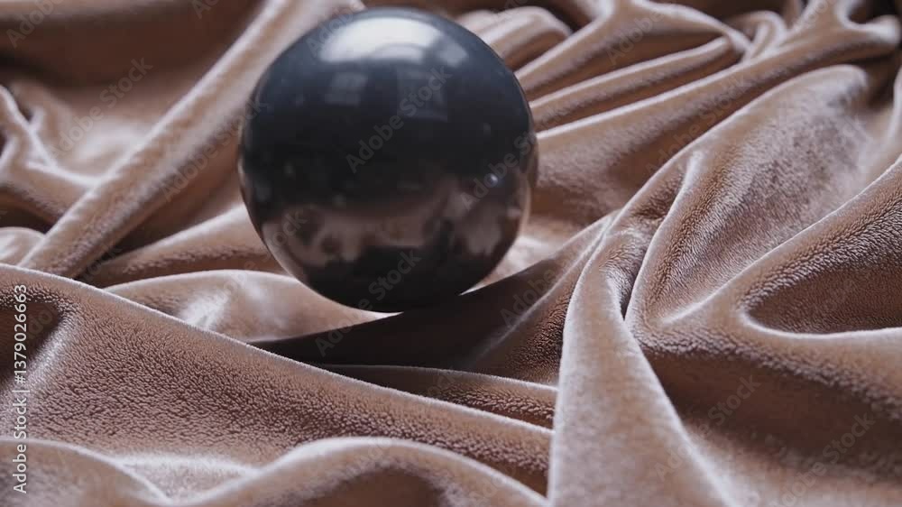Poster dark smooth sphere gently bouncing across luxurious velvet fabric, creating subtle ripples and delic
