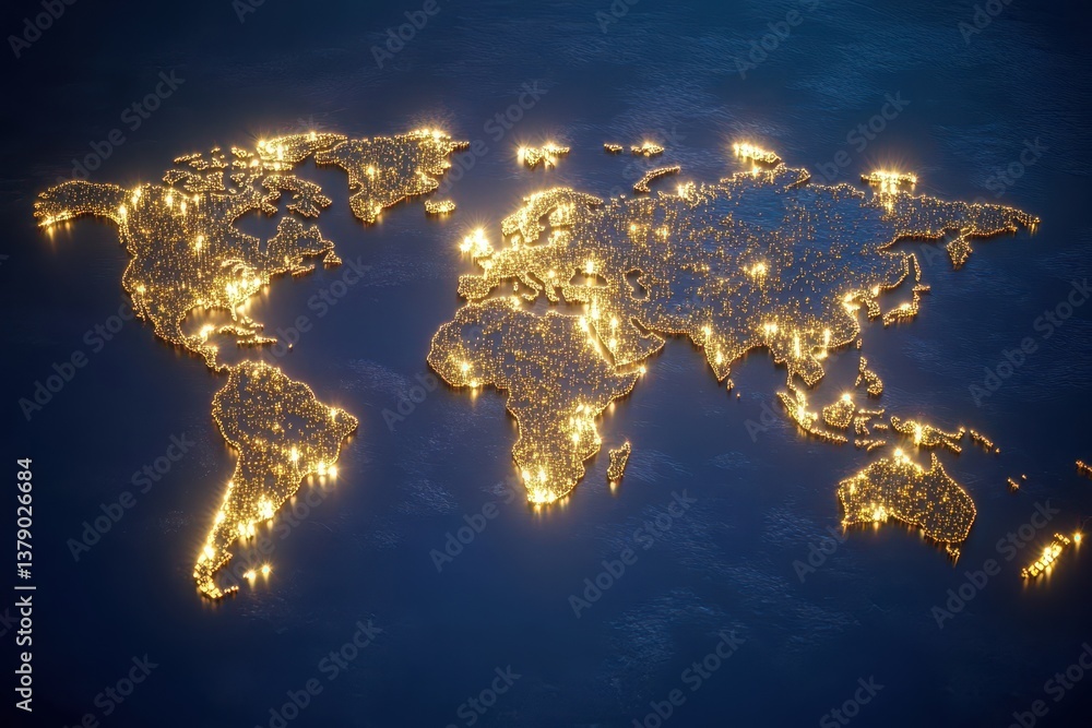 Poster a photo capturing a map of the world adorned with numerous bright lights a world map showing thousan