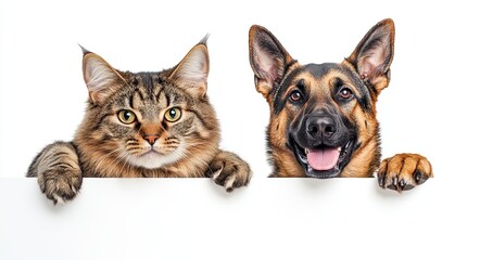 From behind a banner, a Scottish Fold cat and a German Shepherd puppy steal a look, their adorable faces capturing attention