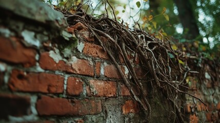 Ancient brick wall slowly being reclaimed by nature with encroaching root systems