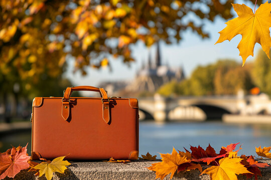 vintage brown suitcase sits on stone wall surrounded by autumn leaves, with scenic view of river and castle in background, evoking sense of adventure and nostalgia - Powered by Adobe