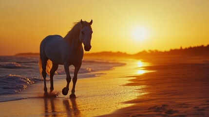 A white horse runs through the shallow water at sunset