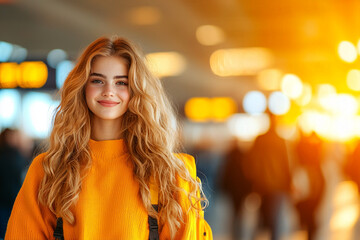 Fototapeta premium young woman with long, wavy blonde hair smiles brightly in vibrant orange sweater, set against blurred background of people and warm light. Her cheerful expression radiates positivity