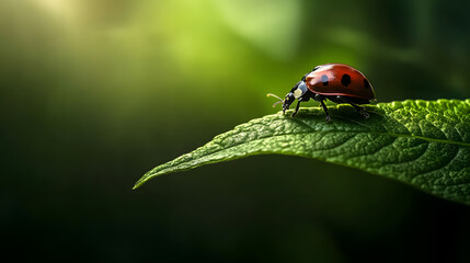 A ladybug walking slowly across a green leaf, with the natural surroundings of bright green plants and soft sunlight illuminating its path.