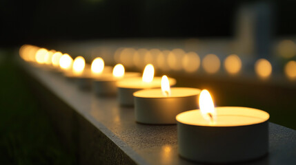 Closeup shot of candle lights in row with copy space.
