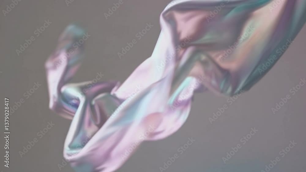 Poster holographic iridescent fabric flowing and waving against gray background, generating mesmerizing eth