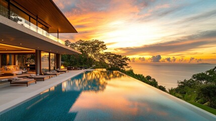 Fototapeta premium Tranquil Villa With Infinity Pool Overlooking Ocean Sunset, Tropical Luxury