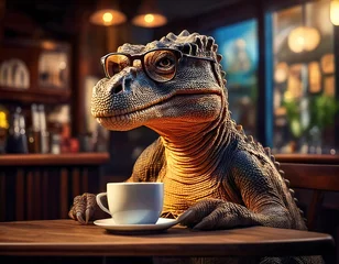 Fototapeten Ein Dinosaurier sitzt in einem Café bei einer Tasse Kaffee, KI generiert © kama71