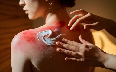 Sunburn Relief: Applying cream to sunburned shoulder and back for soothing care. Intense redness contrasts with white cream. First aid for skin health.