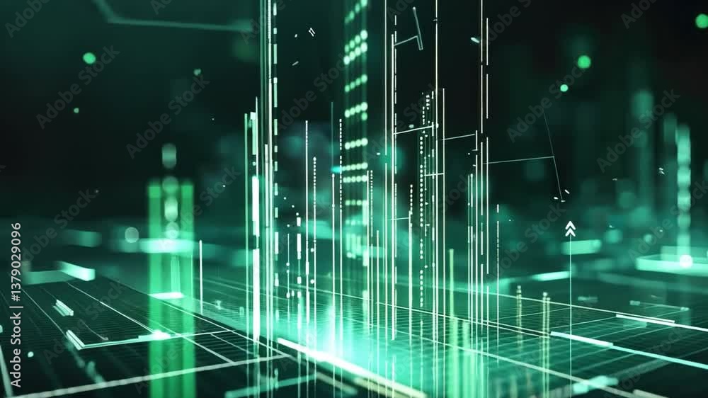 Poster futuristic digital data visualization with green lines and grids creates abstract representation of 