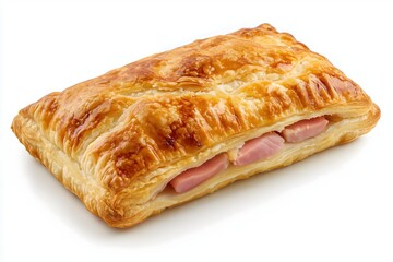 Flaky and golden brown puff pastry with ham and cheese isolated on a white background