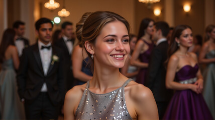 Smiling Teen Girl in Silver Sequin Dress at High School Prom – Elegant Portrait with Bokeh Background for Prom Night Photography, Formal Event Memories, and Teenage Celebration Content