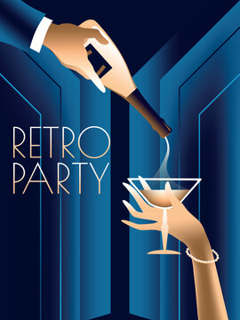 A man pours champagne from a bottle into a woman's glass. Concept of invitation to a night party in the Art Deco retro style. Can be used to create banners, menus, invitation cards, etc.