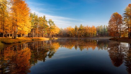 Obraz premium serene autumn landscape with tall trees reflected in calm water