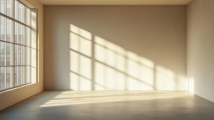 Fototapeta premium A sunlit empty room with high minimalist walls and a flat ceiling, radiating simplicity and openness.