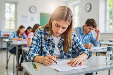 Obraz premium Stressed Female Student During Final Exam – Anxious Young Woman with Hand on Forehead in Classroom for Education Websites, Exam Stress Articles, and Final Exams Resources