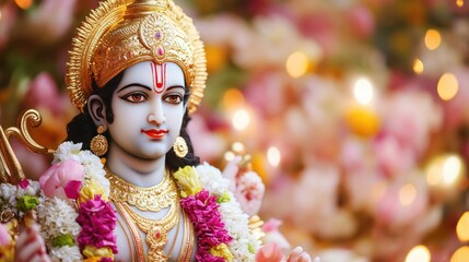 A beautiful illustration of Shri Ram with floral arrangements for the festival