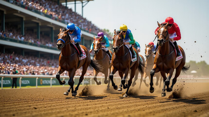 Thoroughbred Horse Racing Final Stretch – Jockeys in Action on Dirt Track with Cheering Crowd for Betting Enthusiasts, Grand National Events, and Sports Entertainment