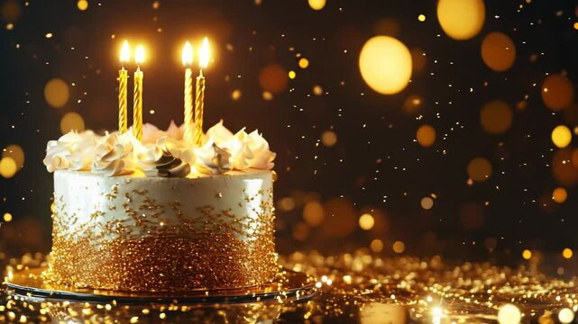 Festive birthday cake with golden candles and sparkling decorations on dark background with glowing lights