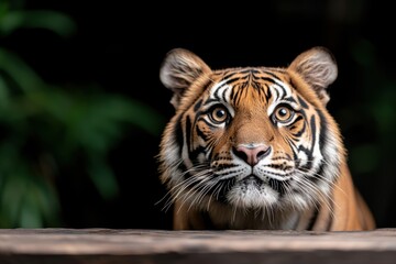 Fototapeta premium Majestic tiger gazing curiously in a lush jungle habitat during a sunlit afternoon
