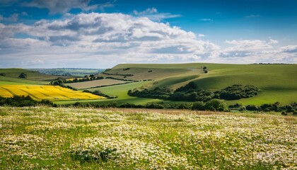 a south downs landscape in summer with wildflowers blooming in the foreground
