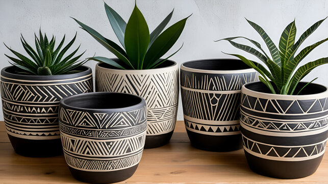 abstract ceramic planter boxes with batik tribal carved scratched design pattern table home decor sgraffito surface background