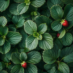 Fresh Strawberries Growing Amidst Green Leaves  