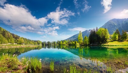 Fototapeta premium a beautiful spring landscape with a crystal clear lake