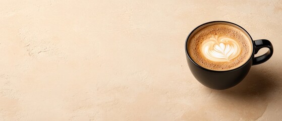 Fototapeta premium Elegant Black Coffee Cup with Heart Latte Art on Minimalist Beige Background
