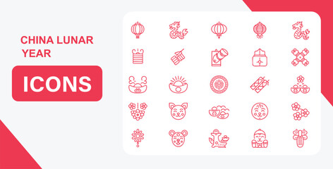 Obraz premium China lunar new year icons vector design chinese culture celebration holiday traditional festival elements set