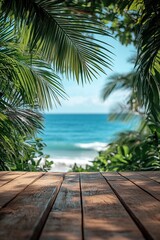 Fototapeta premium Tropical product display mockup on rustic wooden platform by the ocean