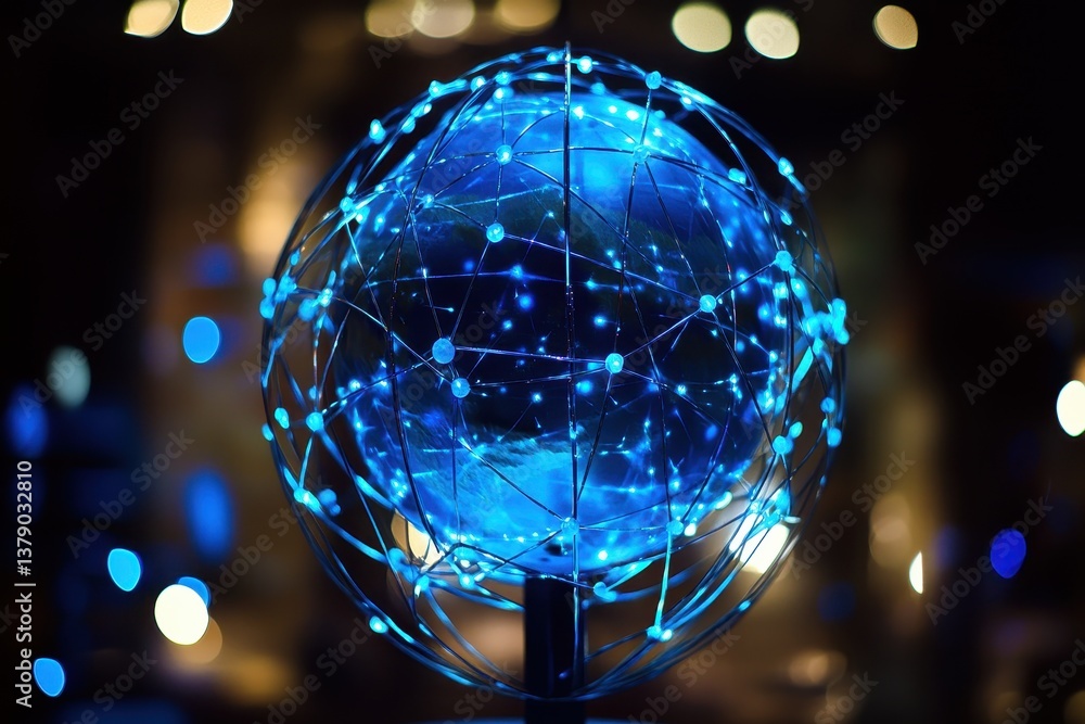 Poster a photo featuring a globe in blue and black colors with lines and dots forming a visual pattern arou