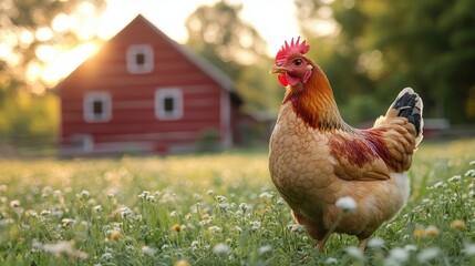 Chicken Roaming a Sunny Farm Field Near a Red Barn During Golden Hour