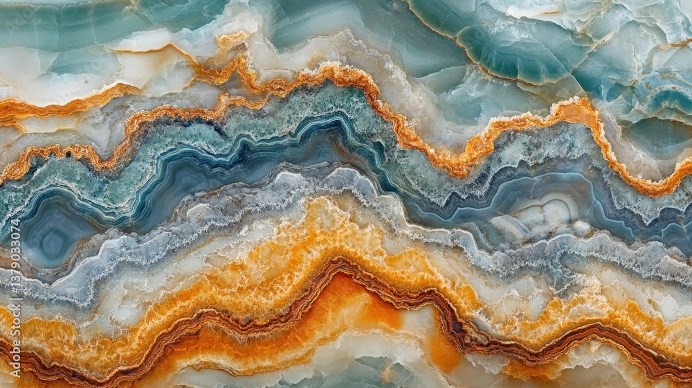 Poster natural onyx stone layers displaying undulating blue, orange, white patterns, revealing intricate mi