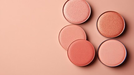 A warm coral eyeshadow palette on a peachy background, soft and trendy.