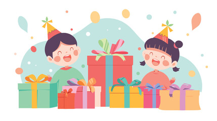 Fototapeta premium Happy asian children celebrating birthday with colorful gifts and party hats