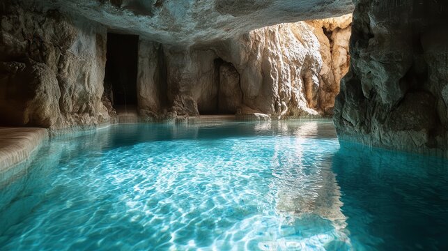 Bright sunlight streaming through rocky opening, casting golden rays on pristine turquoise water within secluded grotto swimming pool