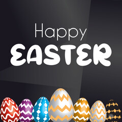 Happy Easter card template with colorful decorative eggs on a modern black  background. Festive and stylish seasonal design perfect for digital or print Easter greetings. Corporate easter.