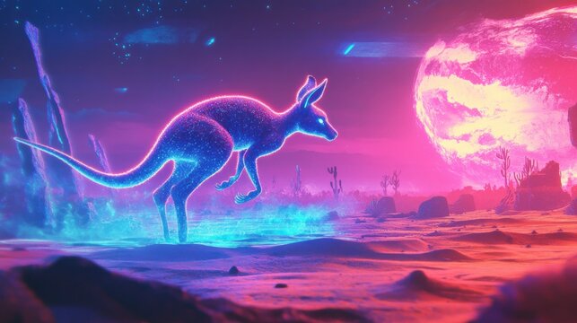 Neon kangaroo jumps across a futuristic alien landscape with vibrant colors and cosmic atmosphere