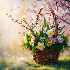 spring bouquet in a basket with multi-colored daffodils, viola and cherry