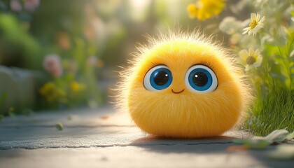 Fototapeta premium Yellow fuzzy ball with big blue eyes and a small goofy smile sitting on the sidewalk