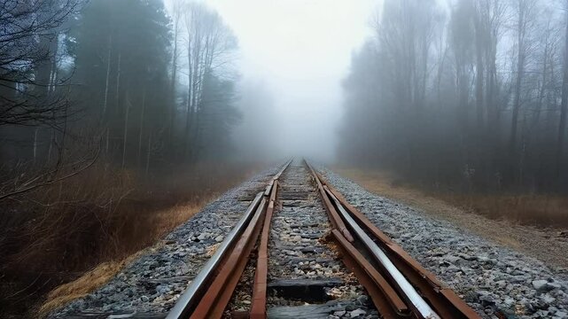 Fog and mist drifting over an abandoned railway track, where nature has begun reclaiming the rusted rails, creating an eerie, post-apocalyptic atmosphere, cinematic misty fog railway