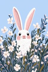 Portrait of cute bunny in flowers done in simple flat style. Perfect for poster and card