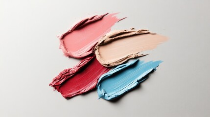 Beauty product textures--lipstick, foundation, and skincare creams--smeared artfully on a neutral grey background.