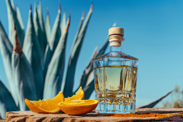 Mescal bottle with grilled orange slices on rustic wood outdoors